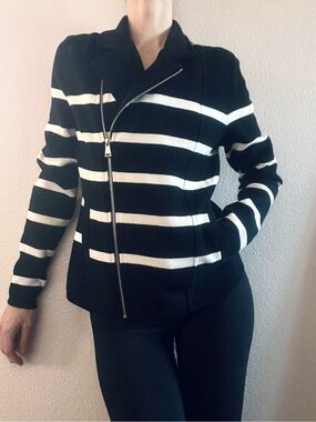 Lauren Ralph Lauren Black & White Striped Zip-Front Sweater Jacket
